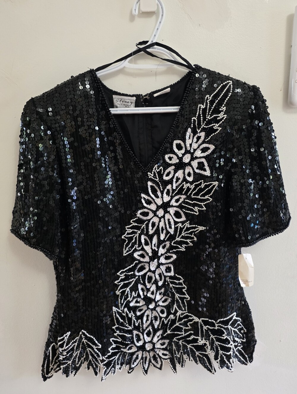 Vintage Sténay Silk Sequin Beaded Top Size L Black Floral Cocktail Party NWT
